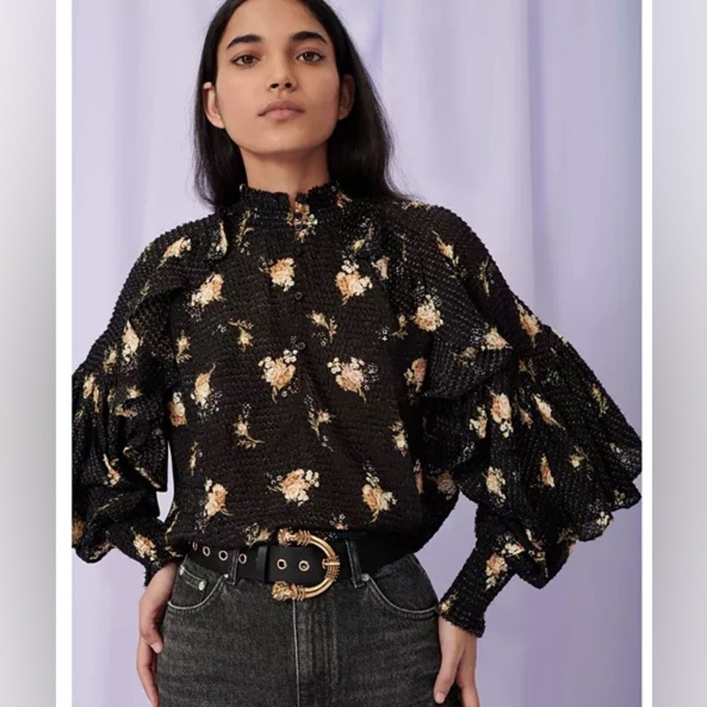 NWT Maje Letril Floral Smocked‎ Ruffle Sleeve Blouse Black Yellow Size 0 XS